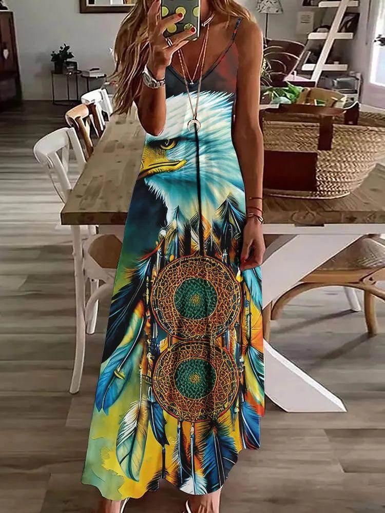 3D Owl Print Boho Maxi Dress Sleeveless Tribal - P12 Hub Europe