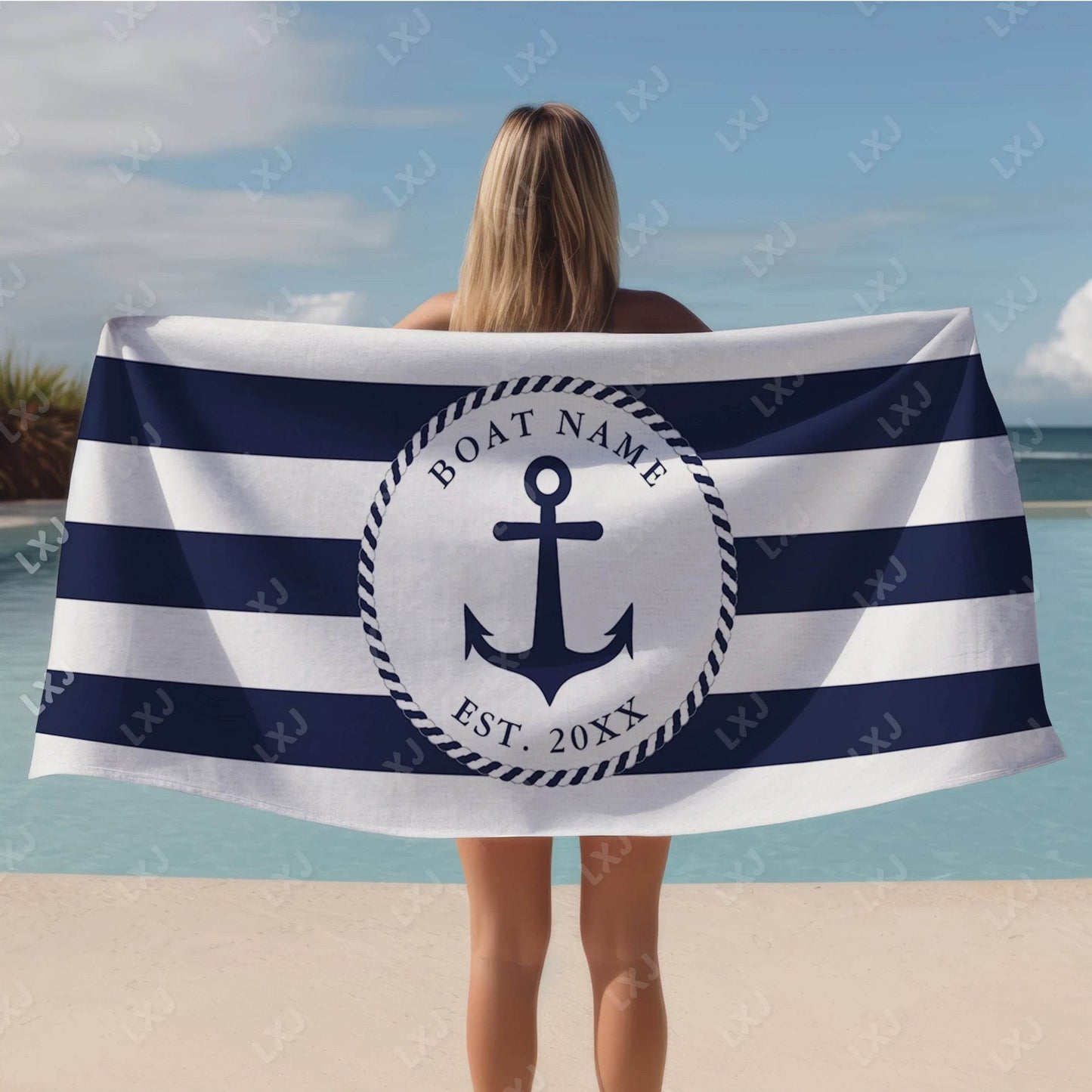 Personalized Custom Boat Name Beach Towel Nautical Striped Bath Towel for Adults Soft Quick Dry Perfect for Travel and Pool - P12 Hub Europe