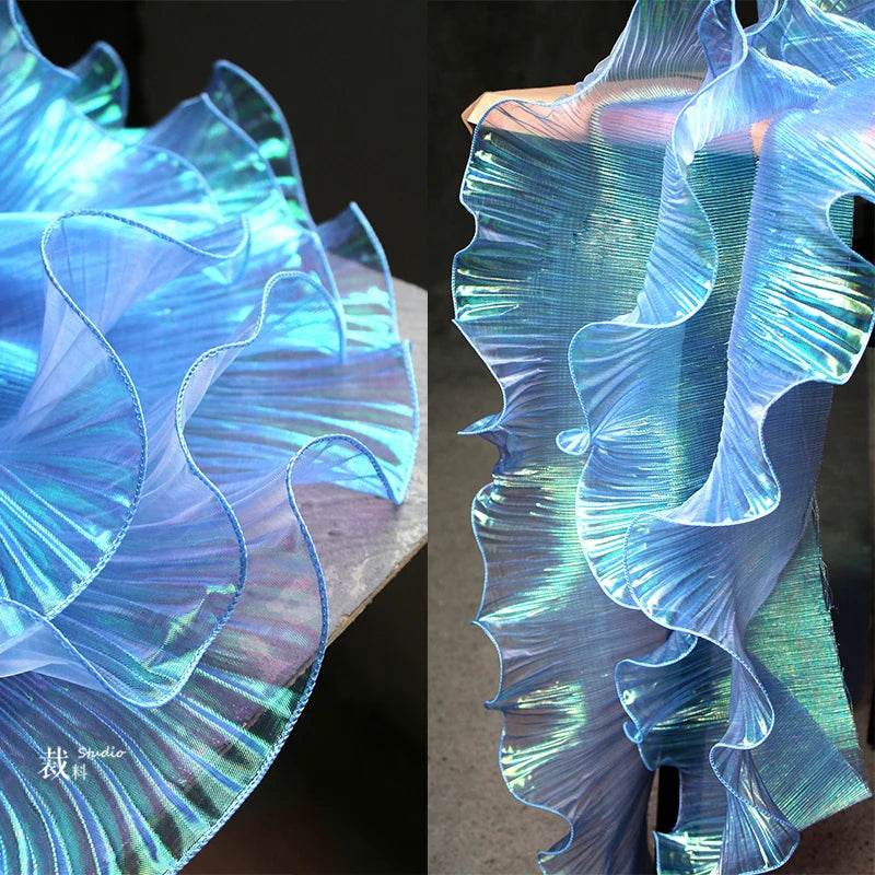 1 Yard Blue Lace Fabric Pleated Mermaid Effect Laser Neon Luster For Women Dress 15CM Wide - P12 Hub Europe