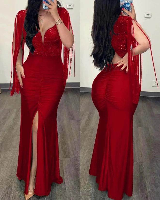 Sequin Ruched Slit Dress Sexy Elegant Evening Gown - P12 Hub Europe