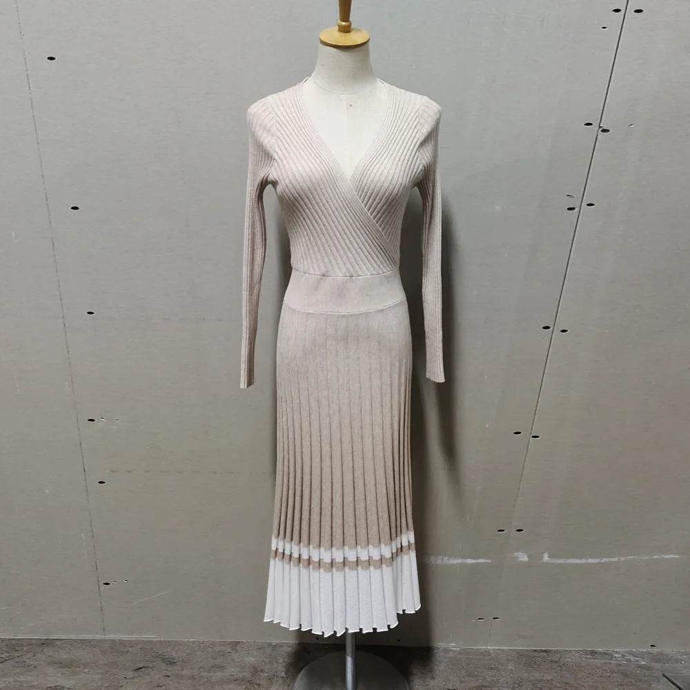 Tossy Ribbed V-Neck Knit Maxi Dress - Elegant Patchwork - P12 Hub Europe