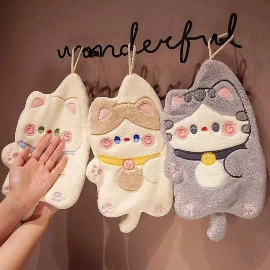 Cute Cat Hand Towel Quick Drying Kitchen Cleaning Rag Coral Velvet Cartoon Animal Absorbent Bathroom Hanging Towel Home Supplies - P12 Hub Europe