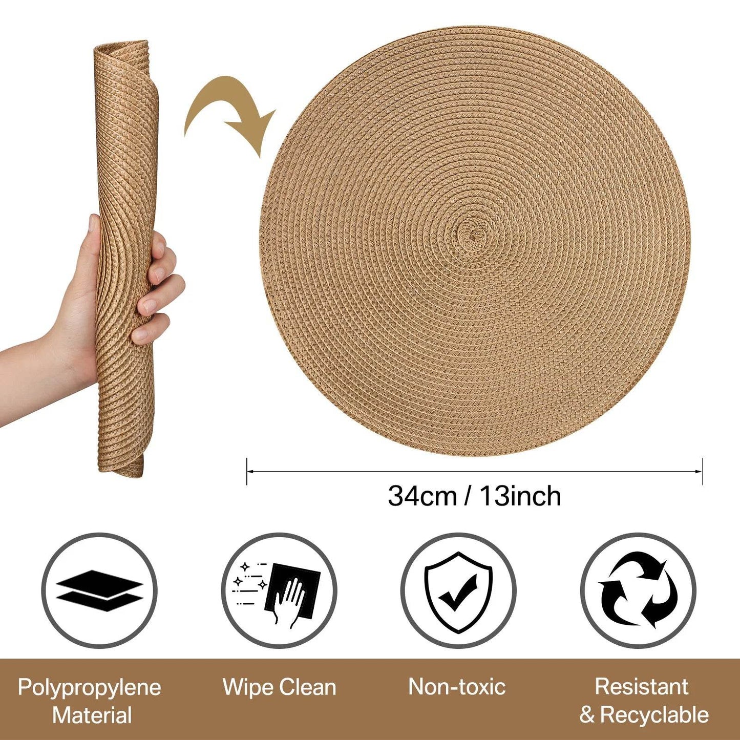 Round Braided Placemats Set of 6 Washable PP/PET Heat Resistant 34cm Table Place Mat for Kitchen Xmas Dining Table Party Decor - P12 Hub Europe