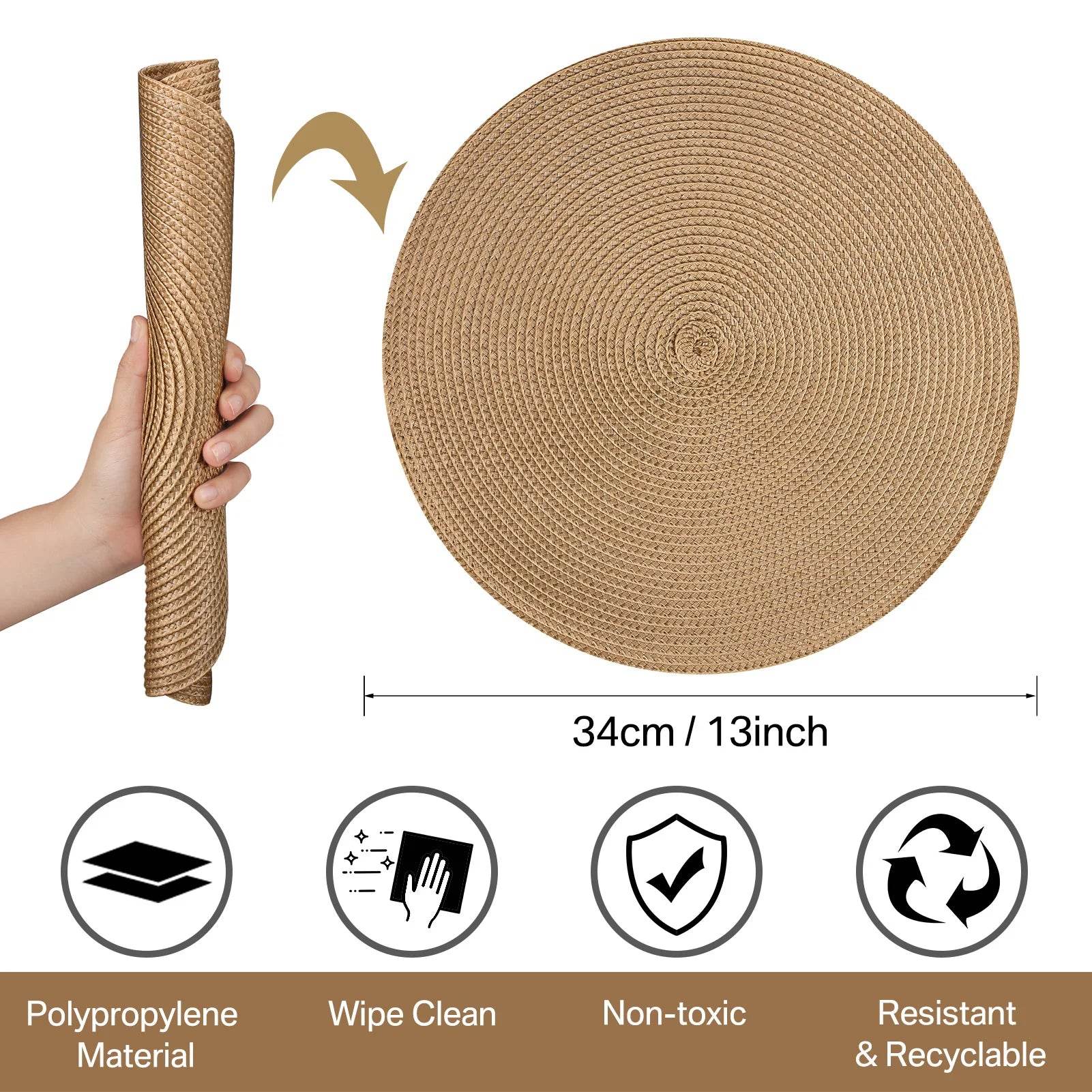 Round Braided Placemats Set of 6 Washable PP/PET Heat Resistant 34cm Table Place Mat for Kitchen Xmas Dining Table Party Decor - P12 Hub Europe