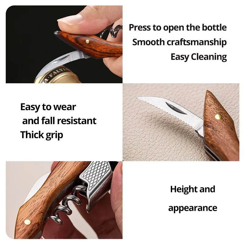 1pc Stainless Steel Wood Handle Wine Corkscrew Professional Wine Opener Portable Screw Corkscrew Multifunction Beer Cap Bottle - P12 Hub Europe