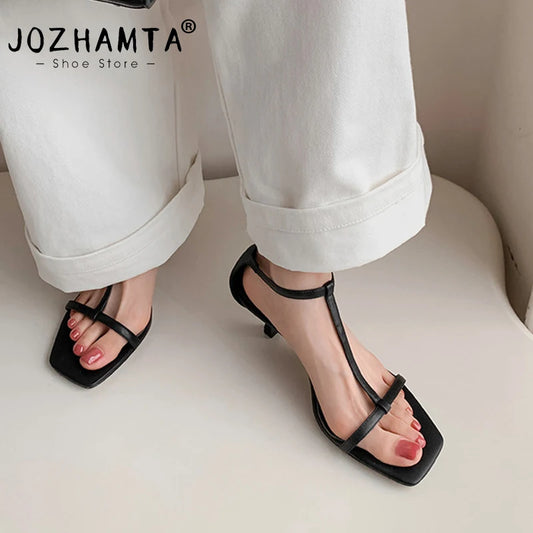 JOZHAMTA  Size 34-43 Fashion Women Summer Sandals Shoes Mid Heel Cow Leather Sexy Simple Open Toe Party Shoes Pumps Wedding