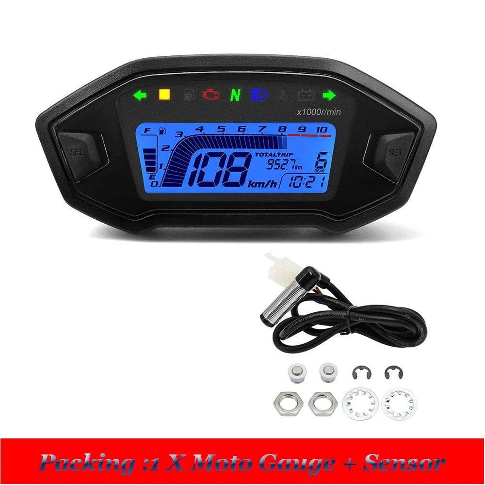Newest Universal Motorcycle Speedometer 7 Colors Digital Meters Instrument LCD 13000rpm Tachometer Turn Signal Light Indicator
