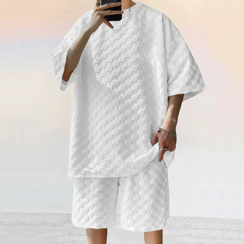 European and American Oversized Fashion Brand Men's Summer New Chessboard Plaid Loose Sports and Leisure Two-Piece Set