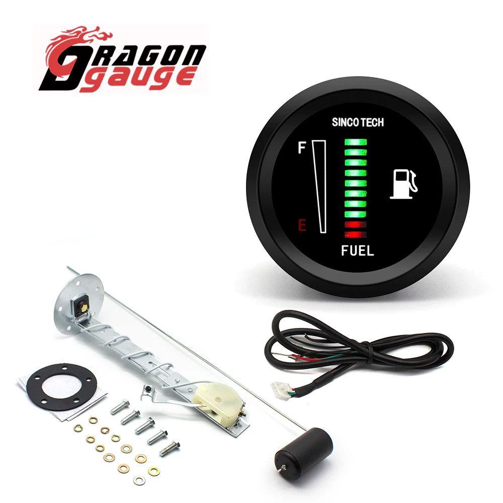 「DRAGON」 2" 52mm Car Fuel Level Gauge with Fuel Float Sensor Electronic Display 8-18V Automotive Gauge