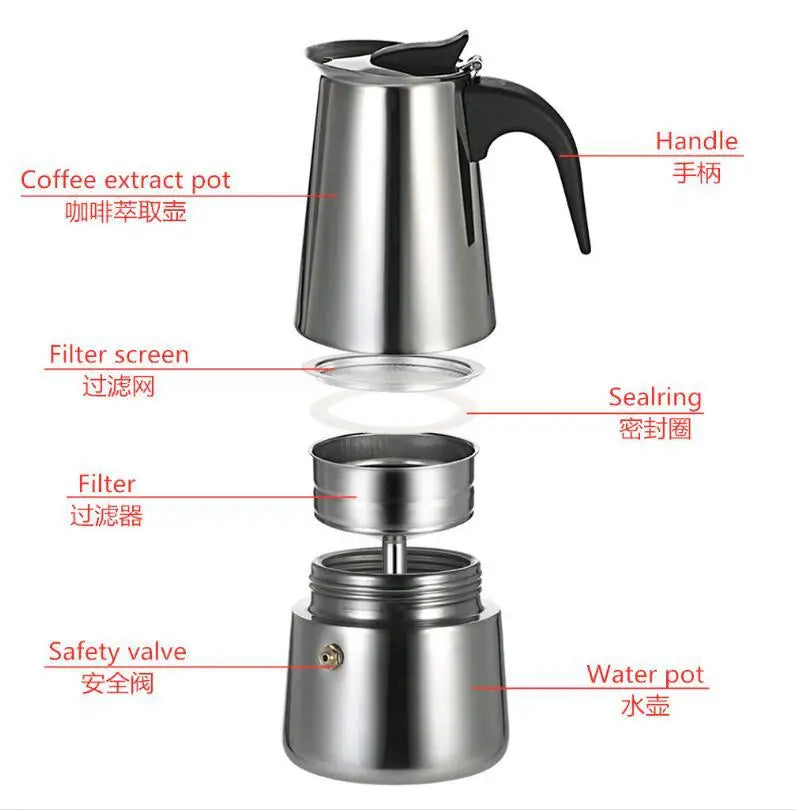 Moka Pot Stainless Steel Coffee Pot Stovetop Espresso Maker Percolator Coffee Maker 200ml/4 Cup with Electric Stove