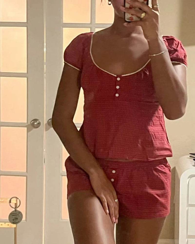 Red Plaid Puff Sleeve Shorts - P12 Hub Europe