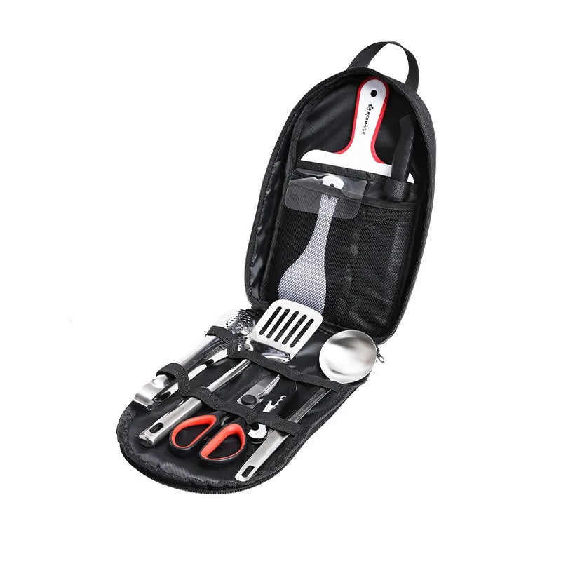 ISE MOUNT Camping Kitchen Cookware Set Travel Utensils Set 9pcs Stainless Steel Kitchenware for Backpacking BBQ Camping Picnic