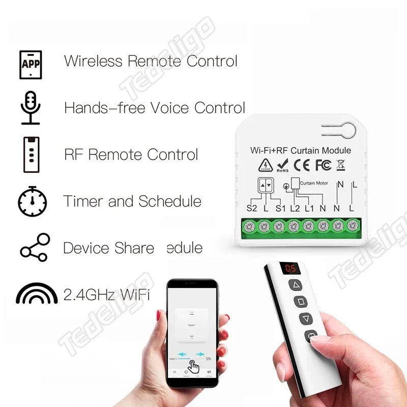 Tuya WiFi Smart Curtain Switch Electric Rolling Shutter App Voice Control Alexa Alice with RF 433 MHz 5CH Remote Control
