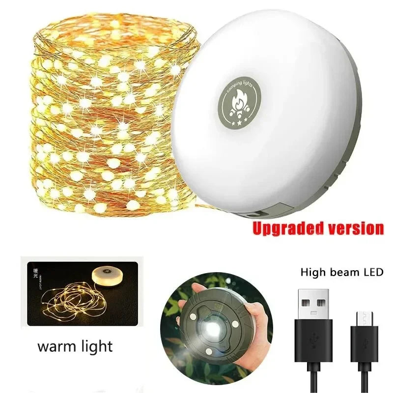 Multifunctional 4 in 1 Design Camping Light String USB Rechargeable Outdoor Tent Decor Light XTE LED Flashlight with Magnet Hook