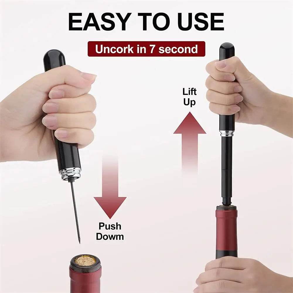 1Pc Black Stainless Steel Wine Air Pressure Corkscrew Cork Remover Air Pump Wine Bottle Opener Safety Portable Wine Corkscrew - P12 Hub Europe