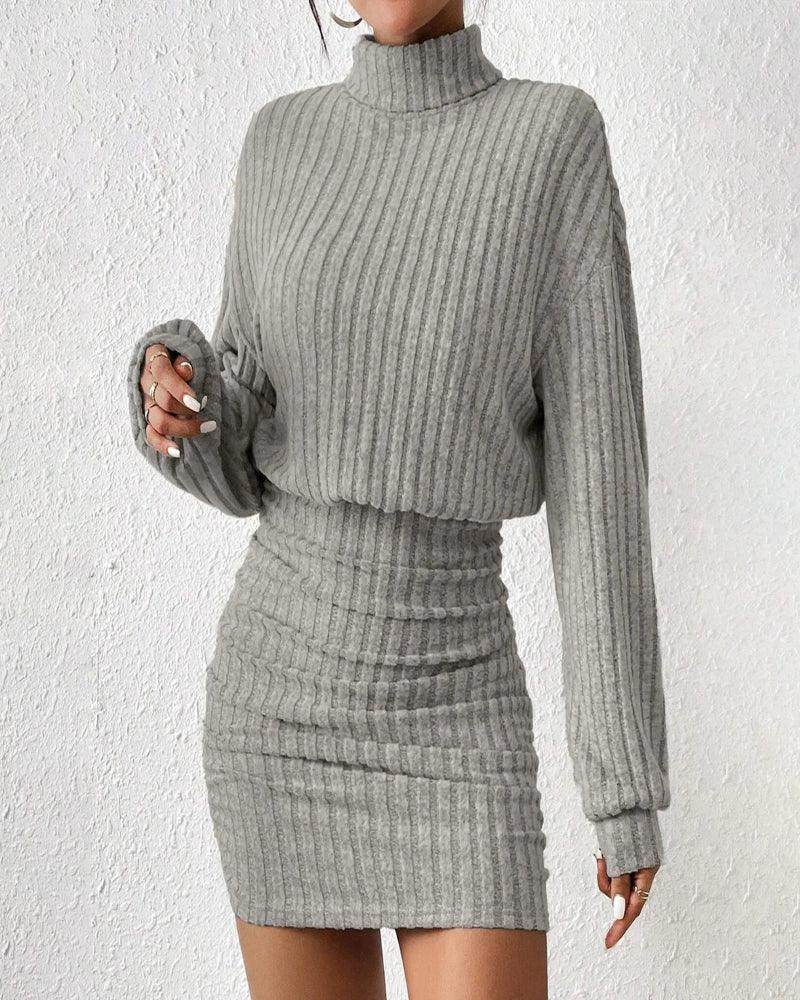 Knit Pullover Mini Dress Long Lantern Sleeve High Neck - P12 Hub Europe