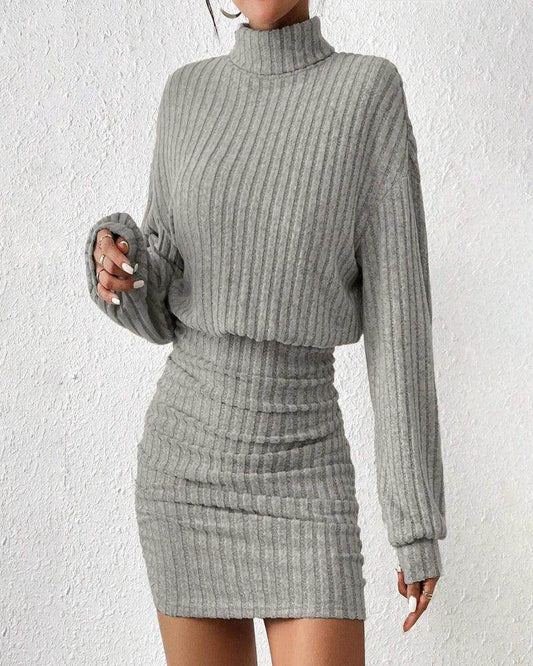Knit Pullover Mini Dress Long Lantern Sleeve High Neck - P12 Hub Europe