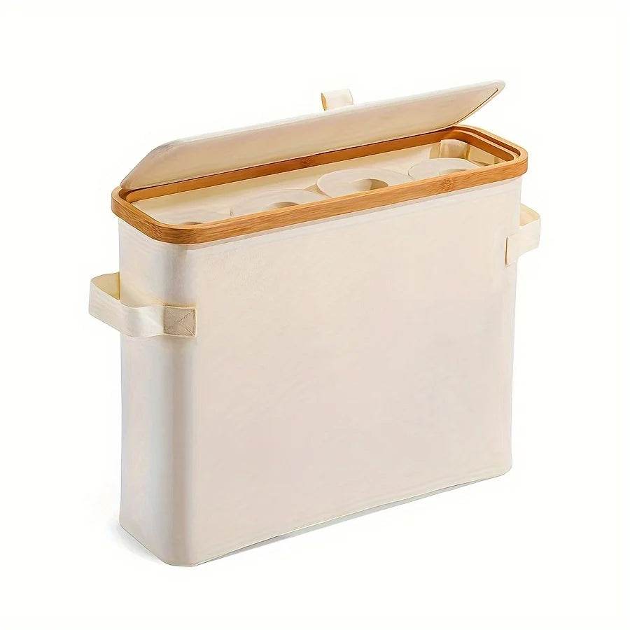 Bamboo toilet paper holder with lid - Self-contained bathroom organizer with handle, enclosed tissue storage box - P12 Hub Europe