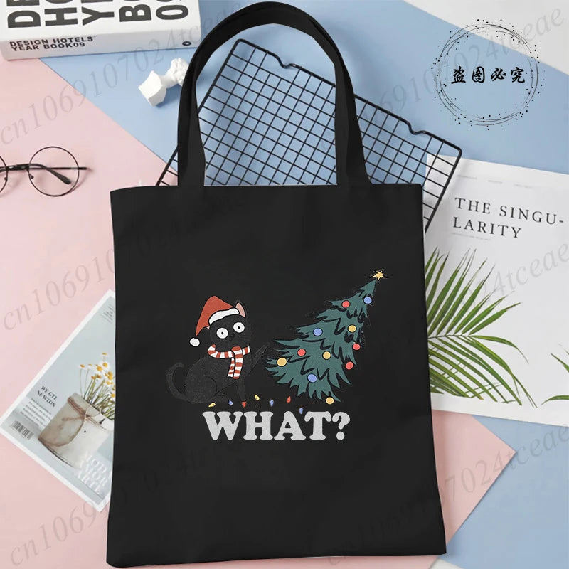 Black Cats Christmas Printed Shopping Bag Cartoon Canvas Tote Bag Eco Bag for Women Black Cats Christmas Reusable Tote Handbags