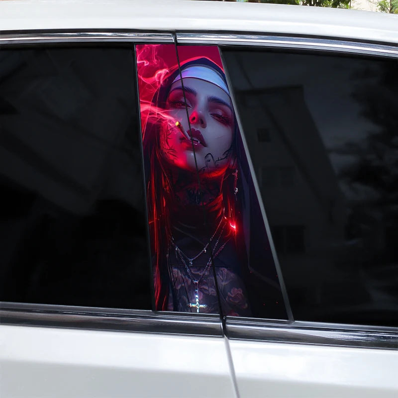 2pcs Smoking Nun Car Sticker Car B-Pillar Sticker DIY Car Door Pillar Decal Waterproof Decal Cover Scratched Decal Nun Sticker
