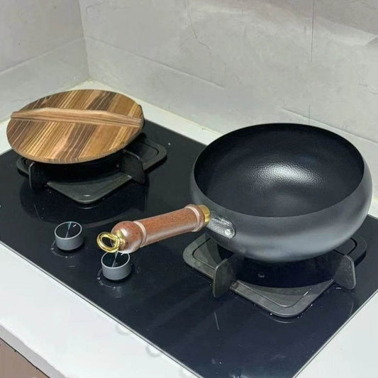 Saucepan Nonstick Chinese Cooking Wok Uncoated Wood Handle Iron Stir Fry Pan Hanging 24cm Stew Pot For Restaurant - P12 Hub Europe