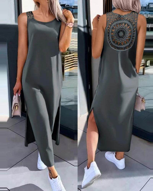 Casual Hollow-Out Slit Midi Dress Sleeveless Round Neck - P12 Hub Europe