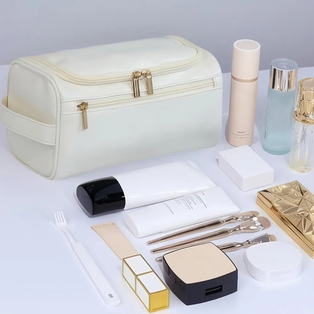 Stylish Embossed Leather Travel Cosmetic Organizer - Hook Design, Roomy Interior for Toiletries and Makeup zwq