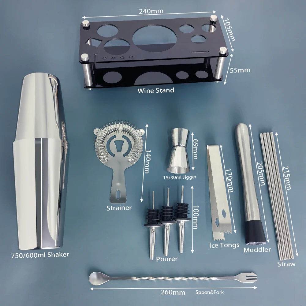13-22Pcs 750ml 600ml Boston Cocktail Shaker Bar Tools Wine Mixer Set Bartender Cocktail Shaker Tool Kit with Holder - P12 Hub Europe