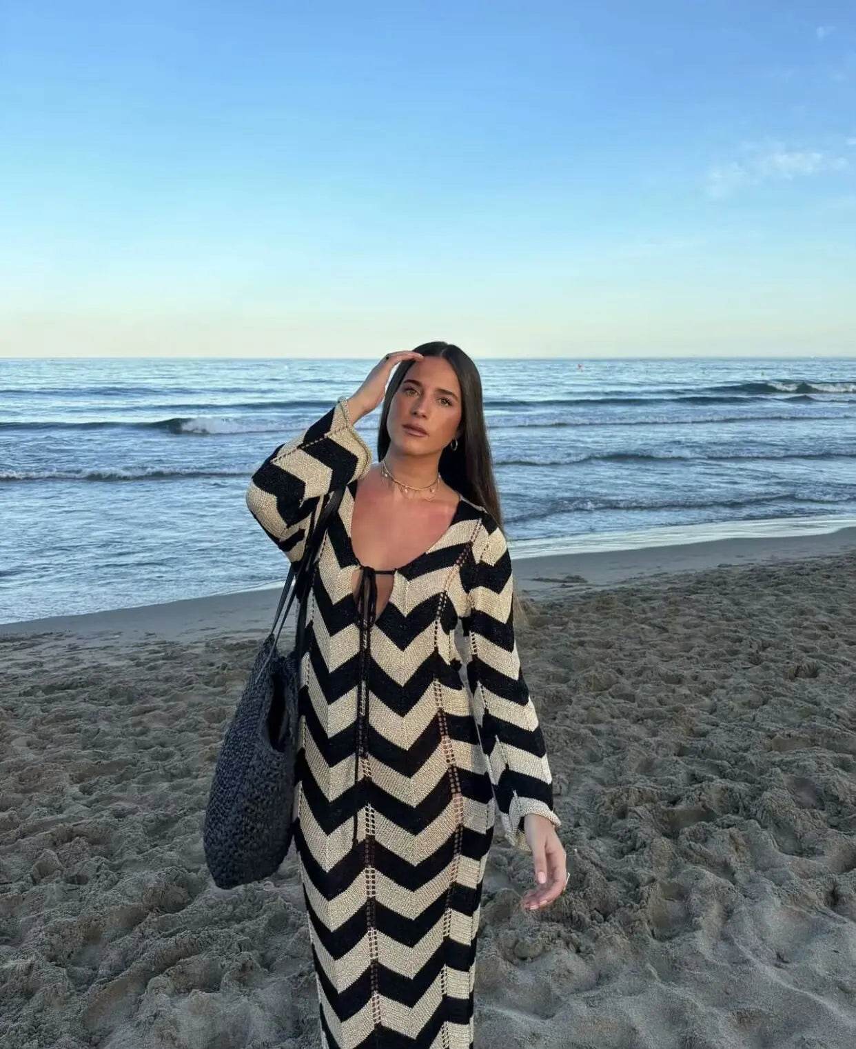 Hollow Out Lace Up Knit Dress - Contrast Stripes V-Neck - P12 Hub Europe