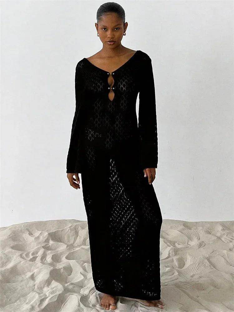 White Knit See-Through Maxi Dress Hollow Out Backless Beach - P12 Hub Europe