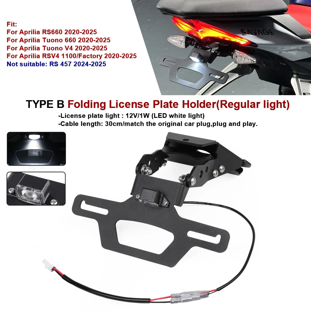 For Aprilia RS660 RSV4 1100 Folding License Plate Holder Tuono V4 660 2020-2025 Fender Eliminator Tail Frame LED Plate Light