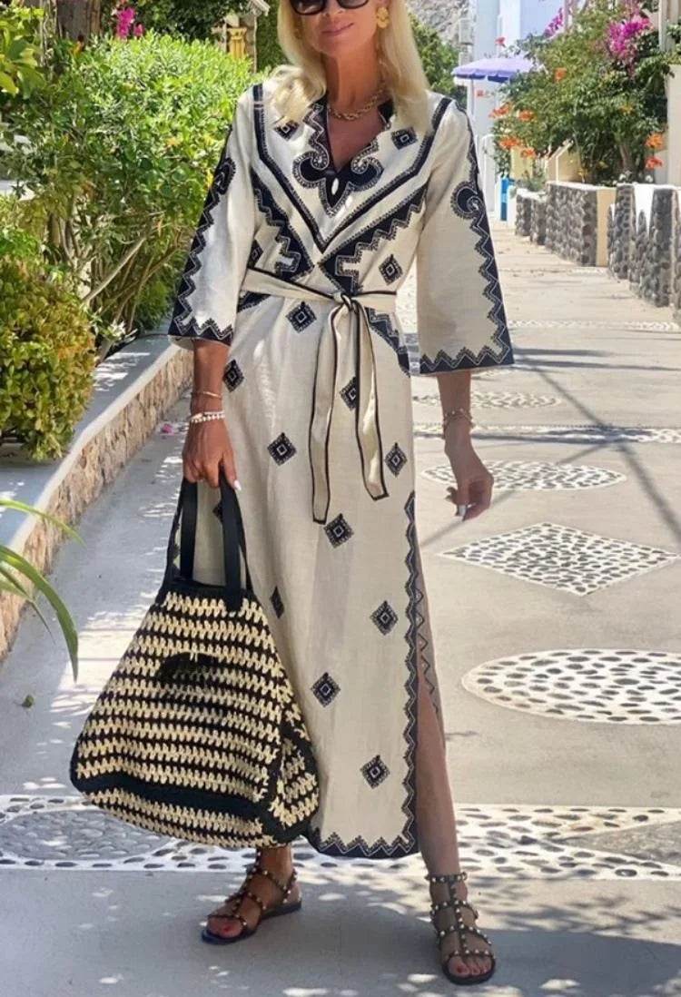 Bohemian V-Neck A-Line Dress 5/4 Sleeve - P12 Hub Europe