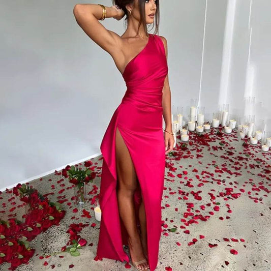 Sexy One Shoulder Satin Maxi Dress - High Split Party & Evening - P12 Hub Europe