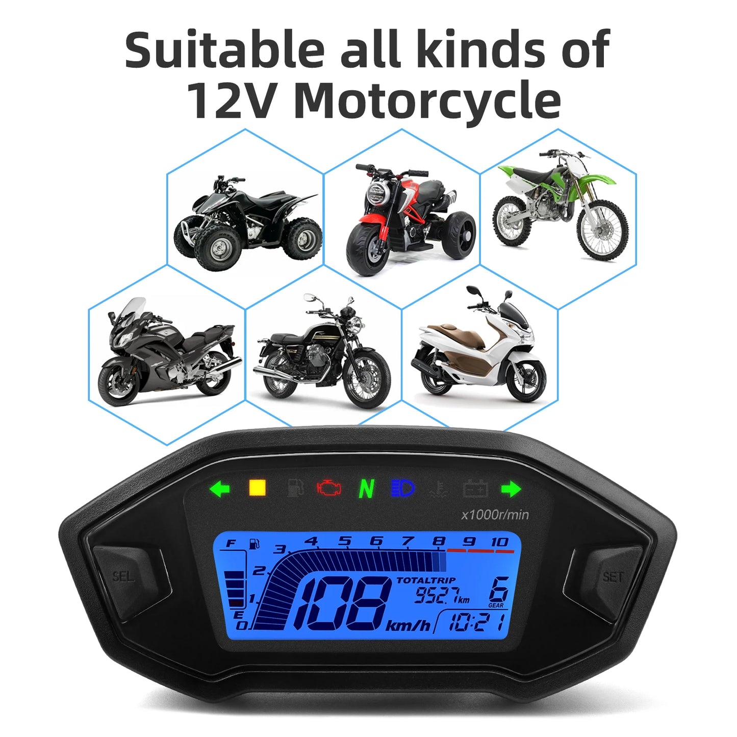 Newest Universal Motorcycle Speedometer 7 Colors Digital Meters Instrument LCD 13000rpm Tachometer Turn Signal Light Indicator