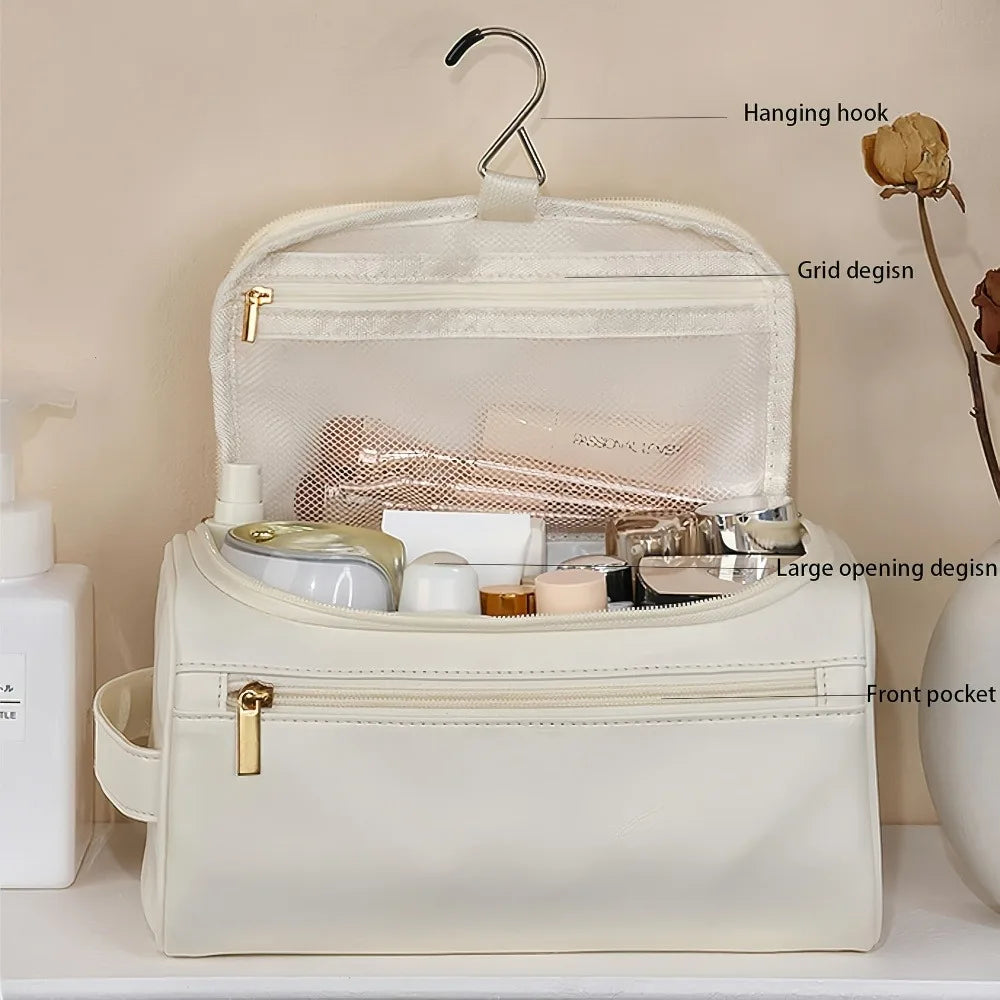 Stylish Embossed Leather Travel Cosmetic Organizer - Hook Design, Roomy Interior for Toiletries and Makeup zwq