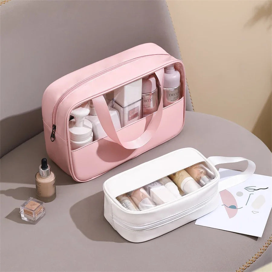 Personalized Embroidery Stitching Cosmetic Bag PVC Translucent Large-Capacity Bath Bag PU Waterproof Portable Travel Storage Bag