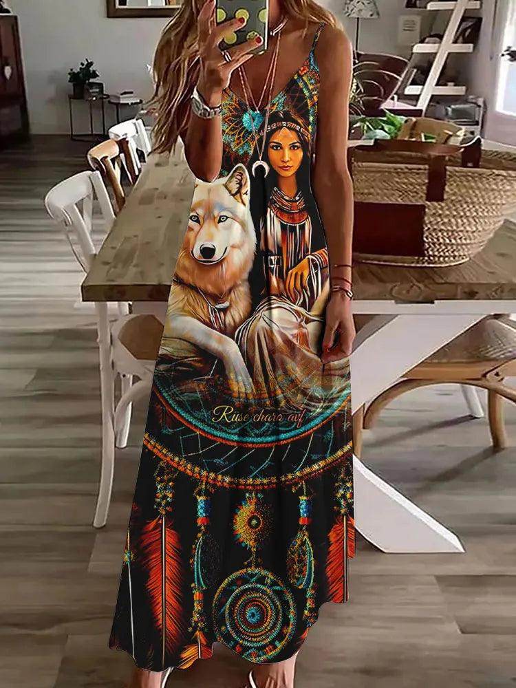 3D Owl Print Boho Maxi Dress Sleeveless Tribal - P12 Hub Europe