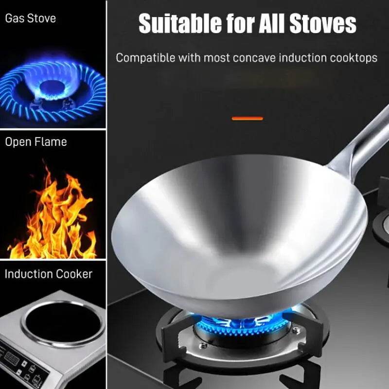 Household frying pan Portable Single handle Uncoated thickened frying pan 34cm Stainless Steel Round bottom No Rust Wok for Gas - P12 Hub Europe