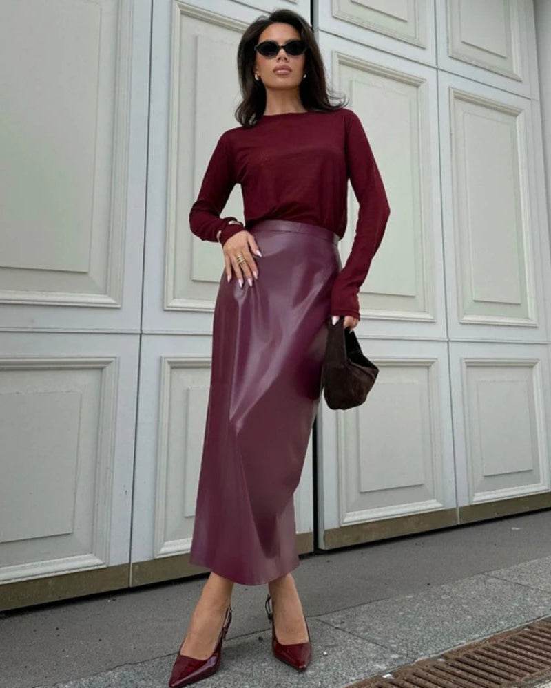Women's Burgundy PU Slit Skirt - P12 Hub Europe