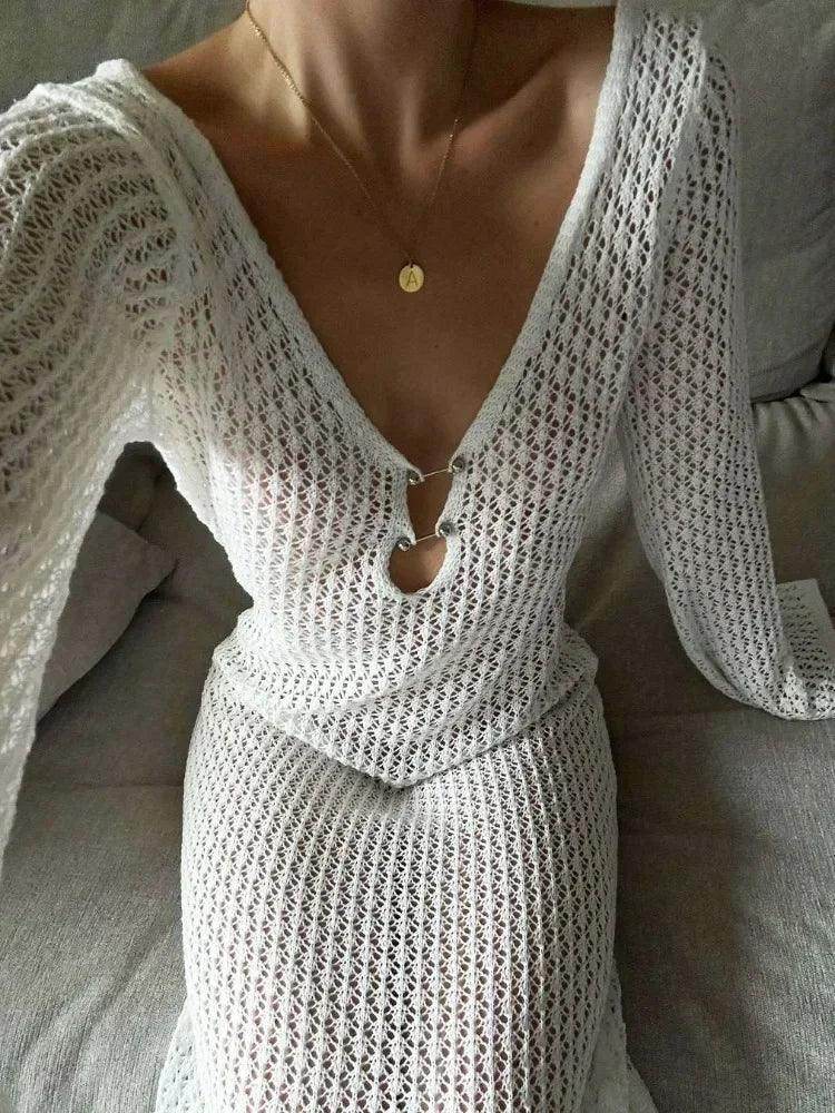 Knitted Crochet Cover-Up Maxi Dress Backless V-Neck Beach - P12 Hub Europe