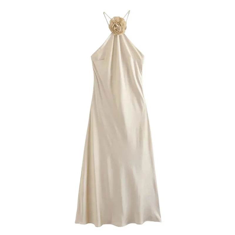 Flower Halter Satin Dress - Backless Summer Party - P12 Hub Europe