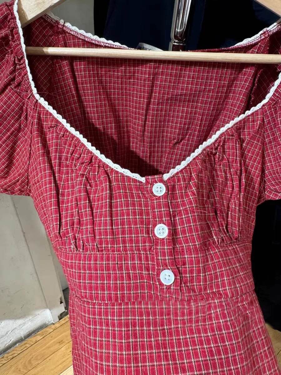 Red Plaid Puff Sleeve Shorts - P12 Hub Europe