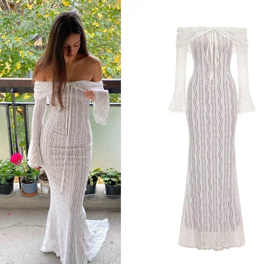 White Off Shoulder Lace Maxi Dress - Wedding Guest - P12 Hub Europe