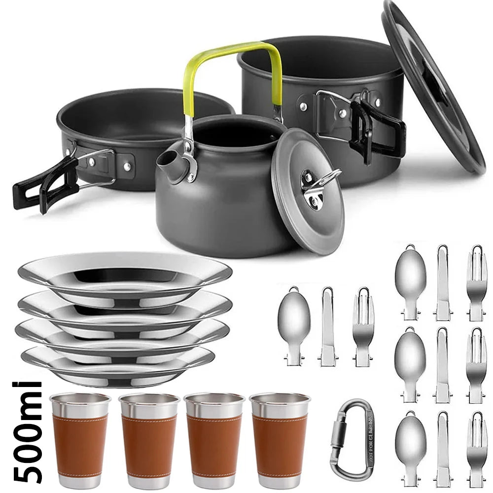 Outdoor camping cookware set aluminum lightweight equipment outdoor multi-person picnic easy to carry and equipped with mesh bag
