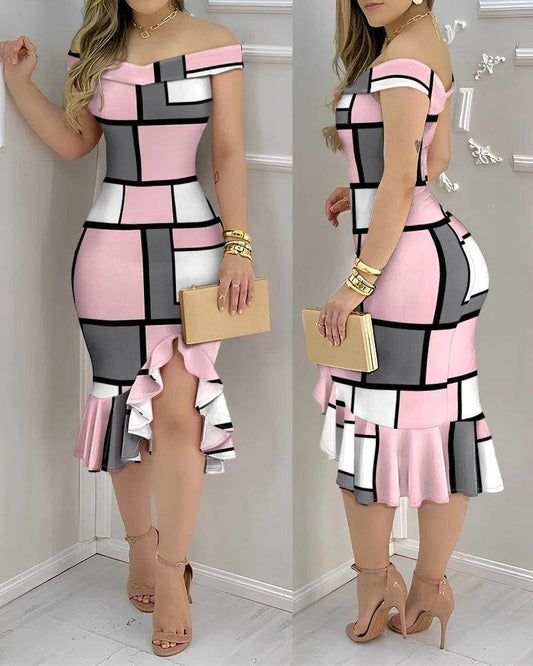 Geometric Color Block Off Shoulder Midi Dress Ruffle Hem - P12 Hub Europe