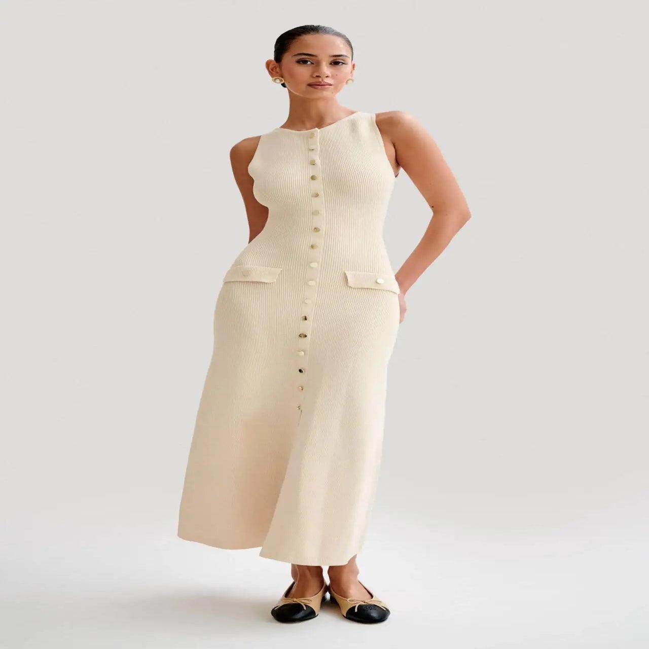 Knit Button Long Dress Sleeveless Elegant - P12 Hub Europe