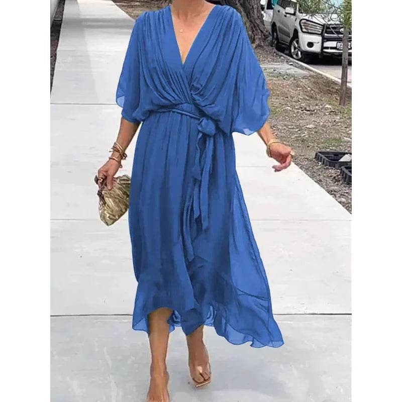V-Neck Bat Sleeve Dress - Strappy Irregular Summer Style - P12 Hub Europe