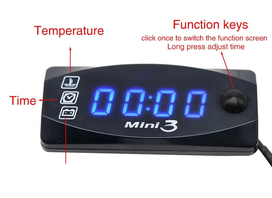 Universal Mini 3 in 1 Meter Instruction LED Display Air Temp+Time+Volt Meter Gauge Multi-Function for Scooter Bike Motorcycle