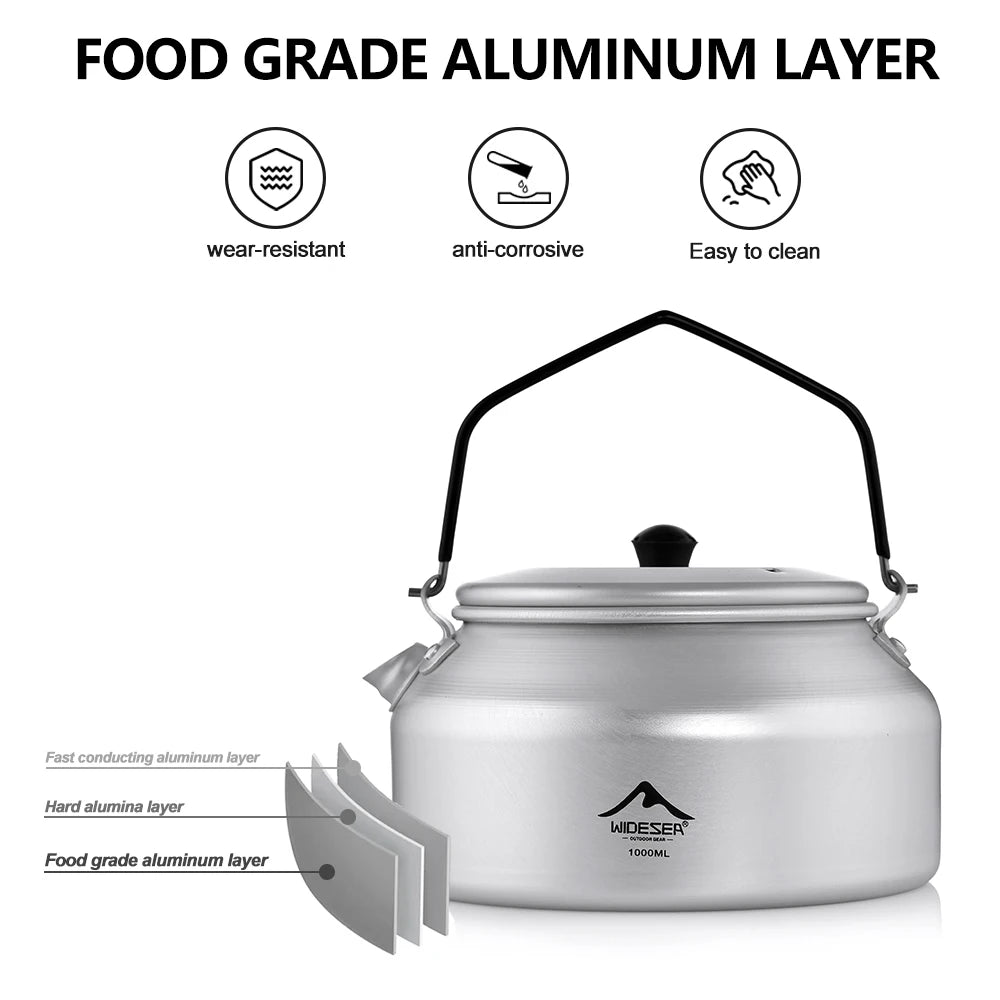 Widesea Camping Outdoor 1L kettle Pure Aluminum Short-hole Removal Handle Design Portable Cookware Travel Essential Appliance