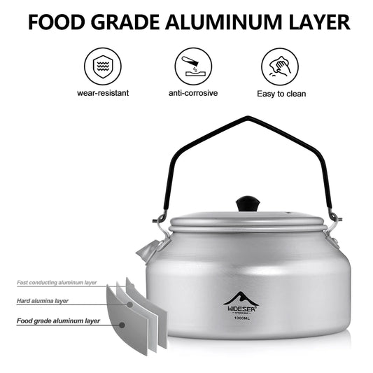 Widesea Camping Outdoor 1L kettle Pure Aluminum Short-hole Removal Handle Design Portable Cookware Travel Essential Appliance